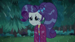 Size: 1280x720 | Tagged: safe, screencap, rarity, better together, choose your own ending, equestria girls, inclement leather, animated, blinking, forest, gif, rain, sad, solo, tree