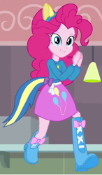 Size: 424x725 | Tagged: safe, screencap, pinkie pie, equestria girls, equestria girls (movie), balloon, boots, clothes, hands together, helping twilight win the crown, high heel boots, jumping, raised leg, skirt, solo, wondercolts uniform