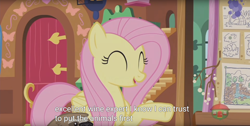 Size: 1920x970 | Tagged: safe, screencap, fluttershy, lola the sloth, pegasus, pony, sloth, fluttershy leans in, meme, youtube caption