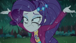 Size: 1280x720 | Tagged: safe, screencap, rarity, better together, choose your own ending, equestria girls, inclement leather, forest, makeup, rain, running makeup, solo, tree