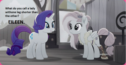 Size: 766x396 | Tagged: safe, edit, edited screencap, screencap, kerfuffle, rarity, pony, unicorn, rainbow roadtrip, amputee, joke, prosthetic leg, prosthetic limb, prosthetics, text