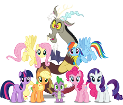 Size: 1000x856 | Tagged: safe, derpibooru import, applejack, discord, fluttershy, pinkie pie, rainbow dash, rarity, spike, twilight sparkle, dragon, earth pony, pegasus, pony, unicorn, friends, simple background, white background