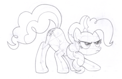 Size: 1294x840 | Tagged: safe, artist:aafh, pinkie pie, earth pony, pony, crouching, monochrome, solo, traditional art