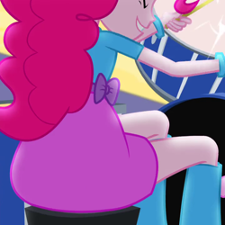 Size: 720x720 | Tagged: safe, screencap, pinkie pie, equestria girls, rainbow rocks, ass, balloonbutt, boots, bracelet, butt, cropped, drum kit, drums, drumsticks, female, high heel boots, jewelry, musical instrument, rear view, solo