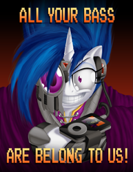 Size: 1275x1650 | Tagged: safe, artist:berrypawnch, dj pon-3, vinyl scratch, cat, cyborg, pony, unicorn, all your base are belong to us, ipod, meme, oh no he didn't, parody, pun, solo, zero wing