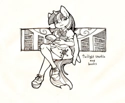 Size: 1280x1056 | Tagged: safe, artist:hobilo, derpibooru import, twilight sparkle, twilight sparkle (alicorn), alicorn, anthro, plantigrade anthro, blouse, book, bookshelf, bow, clothes, library, lineart, monochrome, shoes, skirt, solo, that pony sure does love books, traditional art