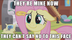 Size: 610x343 | Tagged: safe, edit, edited screencap, screencap, fluttershy, butterfly, pegasus, pony, fluttershy leans in, image macro, meme, oven, pet bed, pot, smiling, solo, stairs