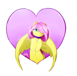 Size: 1000x982 | Tagged: safe, artist:skyeypony, fluttershy, pegasus, pony, collar, cute, female, heart, mare, shyabetes, simple background, solo, white background