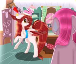 Size: 1024x860 | Tagged: safe, artist:little-sketches, pinkie pie, oc, oc:sora, earth pony, pegasus, pony, balancing, cake, eye clipping through hair, female, food, mare, pinkamena diane pie