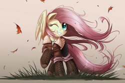 Size: 2000x1333 | Tagged: safe, artist:ncmares, fluttershy, pegasus, pony, boots, clothes, cute, female, hoof boots, jacket, mare, one eye closed, pants, raised hoof, shyabetes, signature, solo, wind, windswept mane