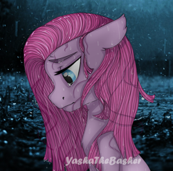 Size: 988x978 | Tagged: safe, artist:yashathebasher, pinkie pie, earth pony, pony, pinkamena diane pie, rain, sad, solo, wet mane