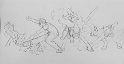 Size: 1280x665 | Tagged: safe, artist:greyscaleart, princess celestia, princess luna, tempest shadow, twilight sparkle, oc, oc:human grey, alicorn, human, pony, unicorn, dancing, do the sparkle, female, filly, majestic as fuck, the monkey, traditional art, younger