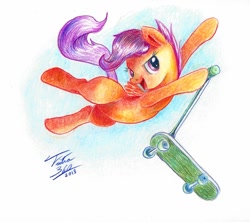 Size: 600x532 | Tagged: safe, artist:tsitra360, scootaloo, scooter, solo, stunt, traditional art