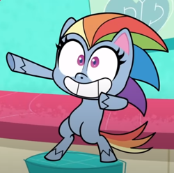 Size: 479x475 | Tagged: safe, derpibooru import, screencap, rainbow dash, pegasus, pony, my little pony: pony life, spoiler:my little pony: pony life, bipedal, cropped, pose, smiling, solo, sonic dash, sonic the hedgehog (series), sonic-style rainbow dash