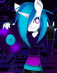 Size: 1400x1800 | Tagged: safe, artist:lephie, dj pon-3, vinyl scratch, anthro, ambiguous facial structure, clothes, hoodie, record, solo