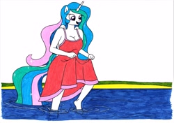 Size: 3496x2464 | Tagged: safe, artist:killerteddybear94, princess celestia, alicorn, anthro, plantigrade anthro, pony, beautiful, breasts, clothes, cute, cutelestia, dress, dress lift, female, having fun, lake, mare, multicolored mane, open mouth, princess breastia, smiling, sundress, traditional art