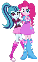 Size: 3760x6116 | Tagged: safe, artist:bubblestormx, pinkie pie, sonata dusk, equestria girls, absurd resolution, balloon, boots, bracelet, clothes, cute, hands on arms, high heel boots, jewelry, looking at you, peekaboo, ponytail, simple background, skirt, sonatabetes, spikes, transparent background, vector