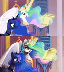 Size: 900x1004 | Tagged: safe, artist:dearmary, screencap, princess celestia, princess luna, alicorn, pony, season 4, comparison, female, glowing horn, letter, levitation, magic, magic aura, mare, open mouth, opening theme, royal sisters, scene interpretation, telekinesis