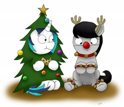 Size: 1916x1658 | Tagged: safe, artist:bobthedalek, dj pon-3, octavia melody, vinyl scratch, earth pony, pony, reindeer, unicorn, antlers, bauble, bells, christmas tree, clothes, cookie, costume, duo, eating, female, red nose, reindeer antlers, stars, tree, tree costume