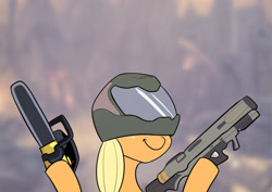 Size: 2400x1700 | Tagged: safe, artist:elzzombie, applejack, earth pony, pony, chainsaw, crossover, doom, doom 2016, dual wield, gun, helmet, hoof hold, rocket launcher, solo, weapon