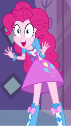 Size: 334x592 | Tagged: safe, pinkie pie, equestria girls, equestria girls (movie), balloon, boots, bracelet, carousel boutique, clothes, door, high heel boots, jazz hands, jewelry, looking at you, skirt