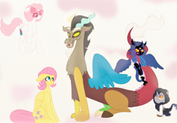 Size: 652x456 | Tagged: safe, artist:theroyalartofna, discord, fluttershy, oc, oc:nabu, oc:ursa moonstorm, oc:vivi blueblood, hybrid, pegasus, pony, flashback, interspecies offspring, offspring, parent:discord, parent:princess luna, parents:blueshy, parents:lunacord, sad, story included