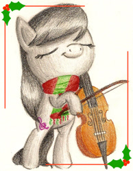 Size: 600x772 | Tagged: safe, artist:flutterluv, octavia melody, earth pony, pony, bipedal, cello, christmas, clothes, holly, musical instrument, scarf, solo, traditional art