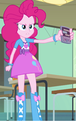 Size: 394x624 | Tagged: safe, pinkie pie, equestria girls, equestria girls (movie), angry, balloon, boots, bracelet, chair, classroom, clothes, door, high heel boots, iphone, jewelry, skirt, table