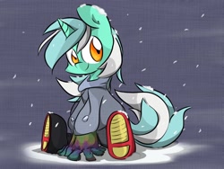 Size: 2048x1536 | Tagged: safe, artist:melodenesa, lyra heartstrings, boots, clothes, coat, gloves, pants, snow, snowfall, solo, winter