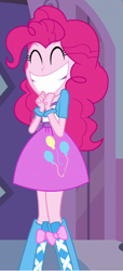 Size: 294x646 | Tagged: safe, pinkie pie, equestria girls, equestria girls (movie), balloon, boots, bracelet, carousel boutique, clothes, cute, door, eyes closed, hands together, high heel boots, jewelry, skirt, smiling