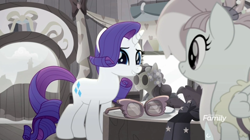 Size: 1364x766 | Tagged: safe, screencap, kerfuffle, rarity, pony, unicorn, rainbow roadtrip, boutique, desaturated, discovery family logo, grayfuffle, grayscale, mannequin, monochrome, sunglasses