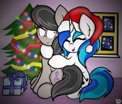 Size: 1321x1125 | Tagged: safe, artist:kristysk, dj pon-3, octavia melody, vinyl scratch, earth pony, pony, christmas, christmas tree, cute, hug, present, tree