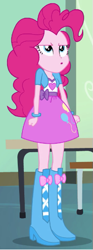 Size: 199x534 | Tagged: safe, pinkie pie, equestria girls, equestria girls (movie), angry, balloon, boots, bracelet, chair, classroom, clothes, high heel boots, jewelry, skirt, table