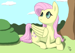 Size: 4960x3508 | Tagged: safe, artist:sgrayda, fluttershy, pegasus, pony, absurd resolution, outdoors, prone, solo