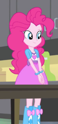 Size: 205x438 | Tagged: safe, pinkie pie, equestria girls, rainbow rocks, balloon, boots, bracelet, clothes, cute, hands together, high heel boots, jewelry, skirt, table