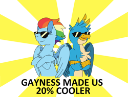 Size: 3352x2544 | Tagged: safe, artist:edwinn, derpibooru import, gallus, rainbow dash, griffon, pegasus, pony, caption, female, implied appledash, implied gallbar, implied lesbian, implied shipping, mare, older, older rainbow dash, sunburst background, sunglasses