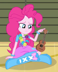 Size: 295x365 | Tagged: safe, pinkie pie, equestria girls, rainbow rocks, shake your tail, balloon, boots, bracelet, flower necklace, high heel boots, jewelry, lei, solo, ukulele