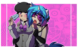 Size: 1000x607 | Tagged: safe, artist:dawnrie, dj pon-3, octavia melody, vinyl scratch, human, eared humanization, horned humanization, humanized, ice cream, light skin, sunglasses, tailed humanization