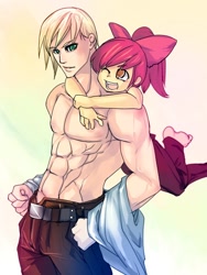 Size: 600x800 | Tagged: safe, artist:bakki, apple bloom, big macintosh, bishonen, clothes, hug, humanized, muscles, partial nudity, siblings, topless