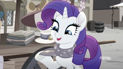 Size: 1366x768 | Tagged: safe, screencap, rarity, pony, unicorn, rainbow roadtrip, barrel, cart, clothes, desaturated, discovery family logo, grayscale, hat, hoof hold, hope hollow, kerchief, looking at something, looking down, monochrome, open mouth, raised hoof, raised leg, scarf, solo, spoilers for another series