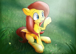 Size: 3182x2289 | Tagged: safe, artist:ando, fluttershy, pegasus, pony, cute, folded wings, grass, looking at something, raised hoof, sitting, smiling, solo