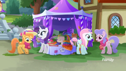 Size: 1366x768 | Tagged: safe, screencap, kerfuffle, rarity, earth pony, pegasus, pony, unicorn, rainbow roadtrip, background pony, clothes, discovery family logo, feather, female, hat, hope hollow, mare, patches, raised hoof, scarf, tent, unnamed pony