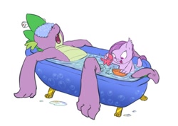 Size: 981x700 | Tagged: safe, artist:carnifex, spike, oc, oc:lavender, dracony, dragon, hybrid, bath, bath toy, father and child, father and daughter, interspecies offspring, male, offspring, parent and child, parent:rarity, parent:spike, parents:sparity, simple background, sleeping, toy, white background