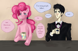 Size: 3169x2089 | Tagged: safe, artist:sandver, pinkie pie, human, clothes, coffee, crossover, high res, implied cupcakes, oswald cobblepot, the penguin