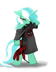 Size: 612x792 | Tagged: safe, artist:hattonslayden, lyra heartstrings, pony, bipedal, deadpool, doll, solo