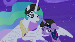 Size: 1278x715 | Tagged: safe, artist:cocopommel, edit, edited screencap, screencap, princess celestia, twilight sparkle, twilight sparkle (alicorn), alicorn, pony, horse play, beret, floppy ears, hat, military