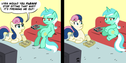 Size: 1890x945 | Tagged: safe, artist:drewdini, artist:megasweet, bon bon, lyra heartstrings, sweetie drops, artifact, comic, dialogue, recolor, sitting, sitting lyra, sofa, television