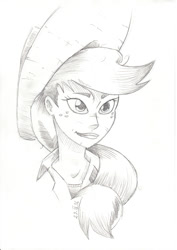 Size: 744x1052 | Tagged: safe, artist:saturdaymorningproj, applejack, human, grayscale, humanized, monochrome, solo, traditional art