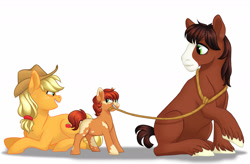 Size: 1600x1050 | Tagged: dead source, safe, artist:whisperseas, applejack, trouble shoes, oc, oc:crab apple, earth pony, pony, blaze (coat marking), female, foal, freckles, hatless, lasso, male, mare, missing accessory, missing cutie mark, mouth hold, offspring, parent:applejack, parent:trouble shoes, parents:troublejack, piebald colouring, prone, rope, shipping, short tail, sitting, stallion, straight, trio, troublejack, watermark