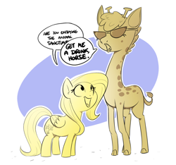 Size: 926x867 | Tagged: safe, artist:shoutingisfun, clementine, fluttershy, giraffe, pegasus, pony, fluttershy leans in, abstract background, dialogue, female, limited palette, mare, open mouth, rude, smiling, speech bubble, sunglasses